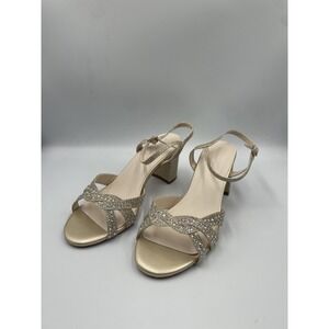 Touch Ups Ivy 4586 Sandals Womens 7W Champagne Rhinestone Ankle Strap Block Heel